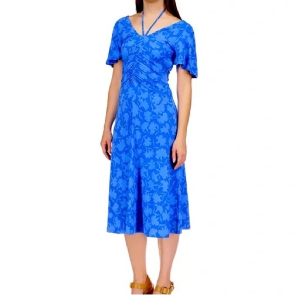 Michael Kors Blue Floral Ruched Flutter Sleeve Midi Dress - Picture 4 of 13